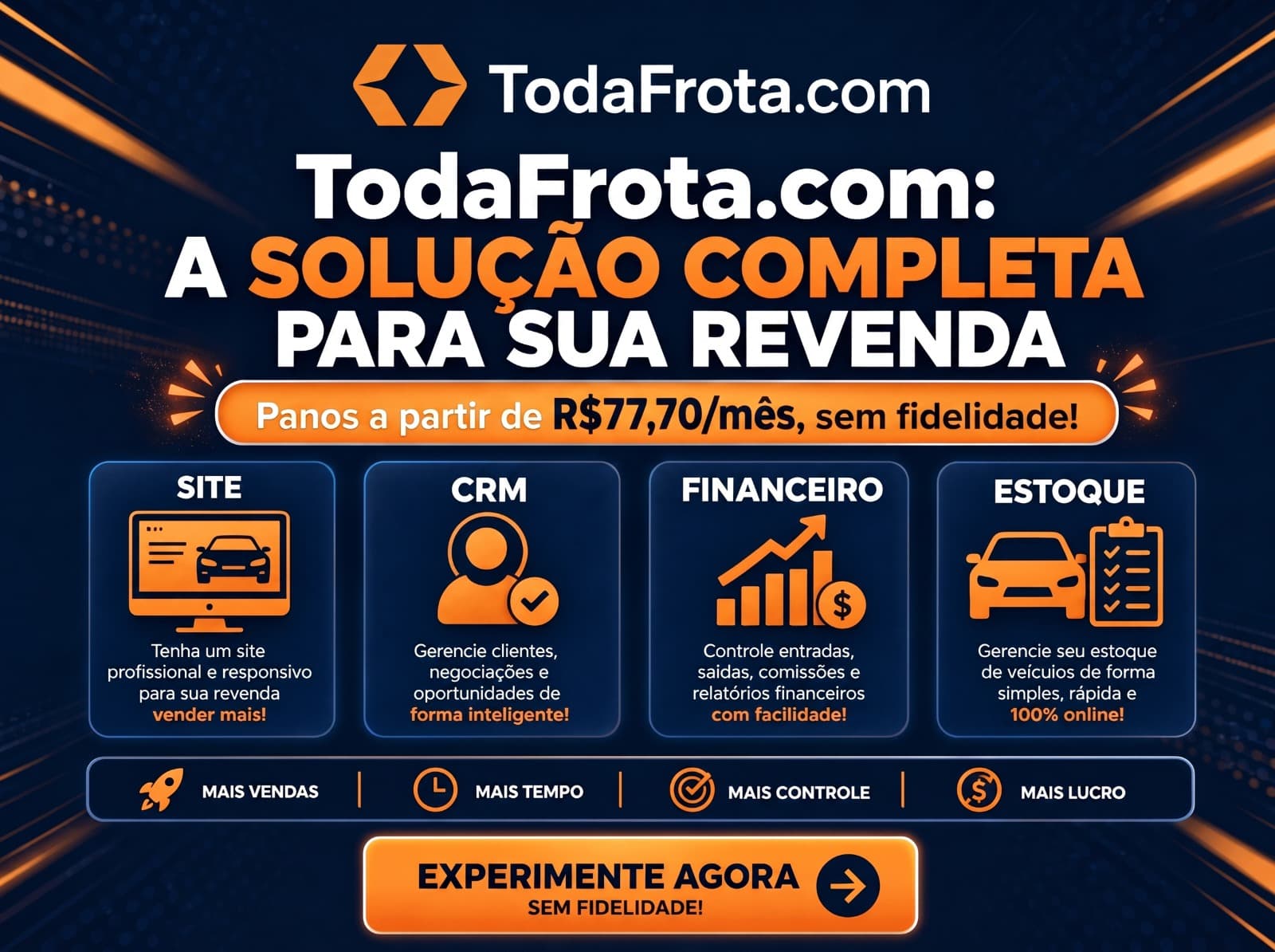 Solução completa TodaFrota: site, CRM, financeiro e estoque integrados