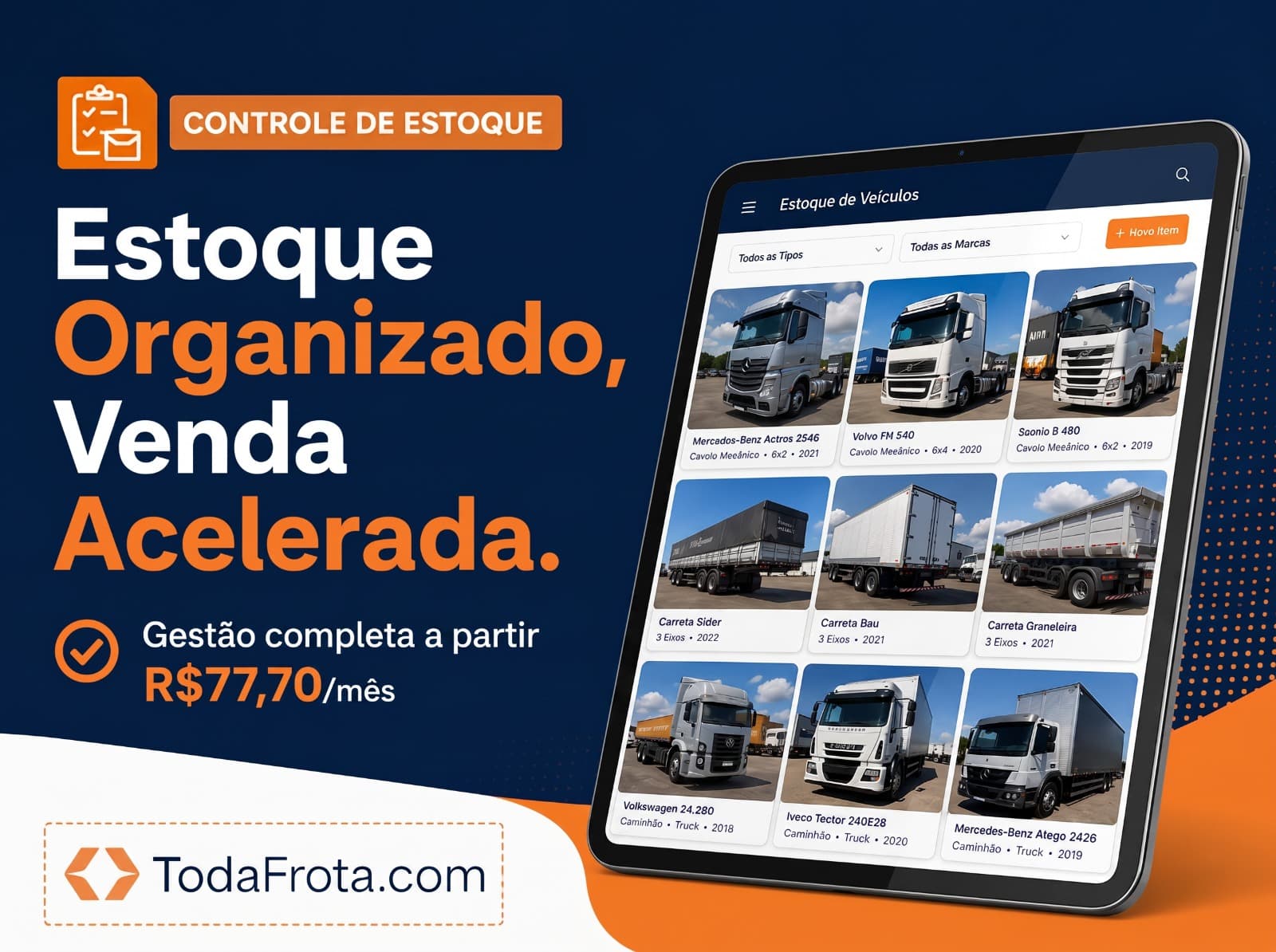 Painel de estoque organizado de caminhões e implementos — TodaFrota.com